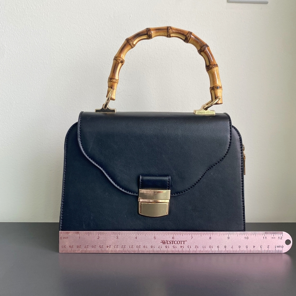 Wooden Handle Satchel Handbag Faux Leather Black - Picture 6 of 8